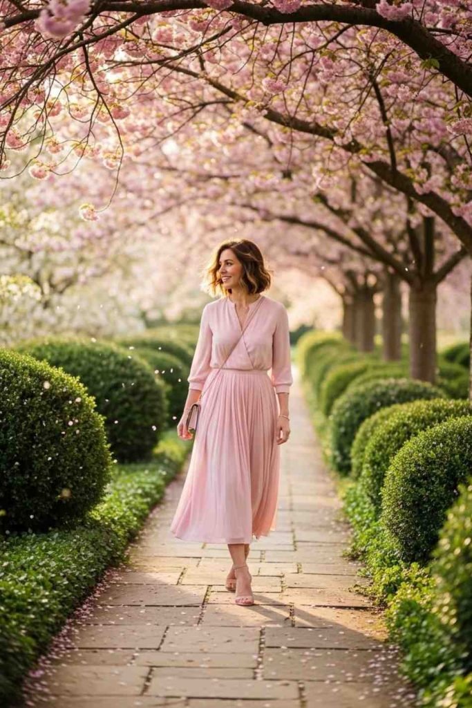 Pastel Midi Dress and Nude Heels