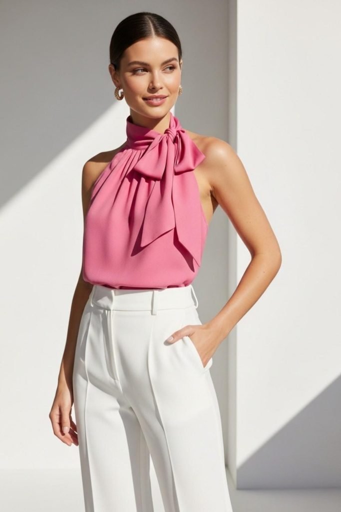 Pink Halter Top with White Pants