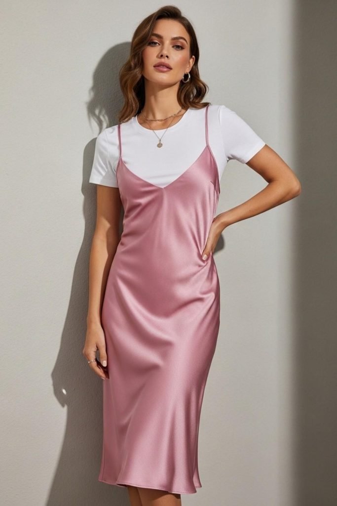 Pink Slip Dress with White Tee
