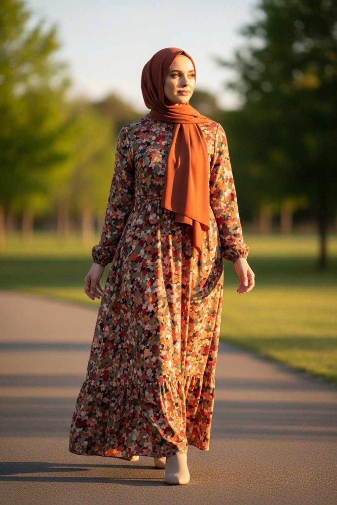 Printed Maxi Dresses with Solid Hijab