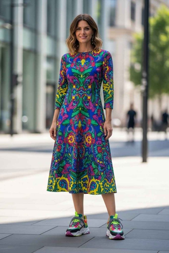 Printed Midi Dress with Statement Sneakers