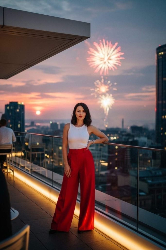 Red Wide-Leg Pants + White Tank