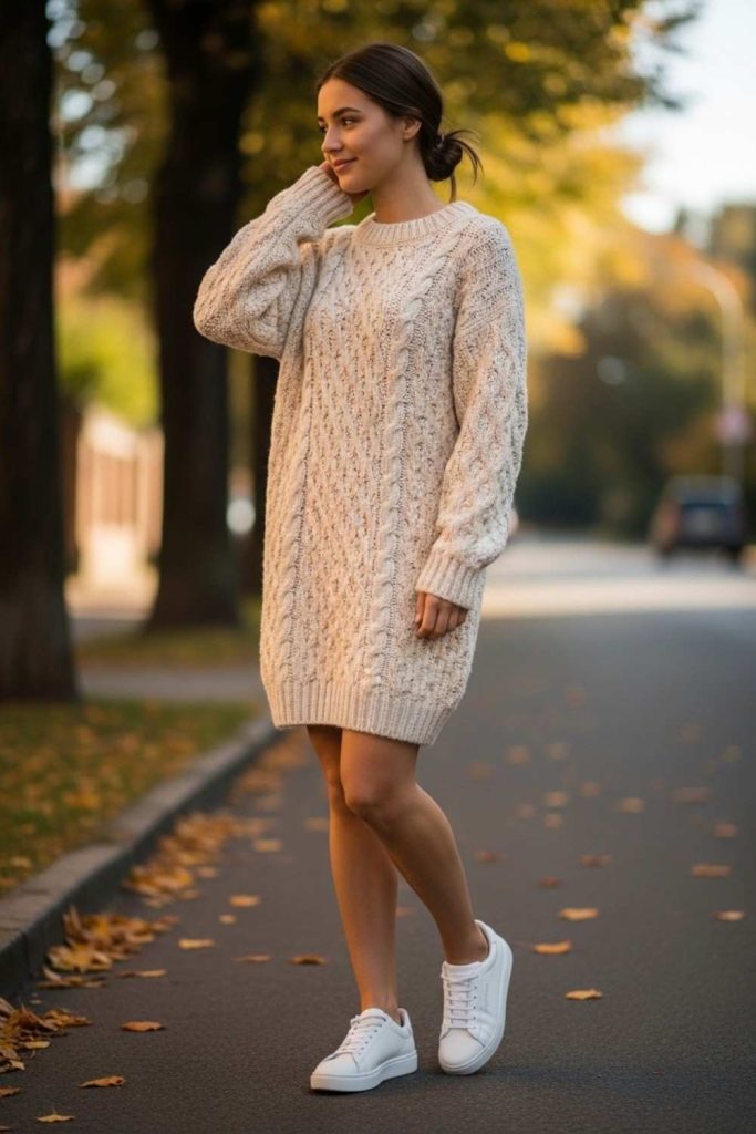 Sweater Dress with White Sneakers
