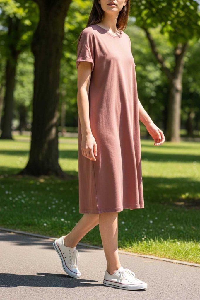 T-Shirt Dress with Low-Top Sneakers