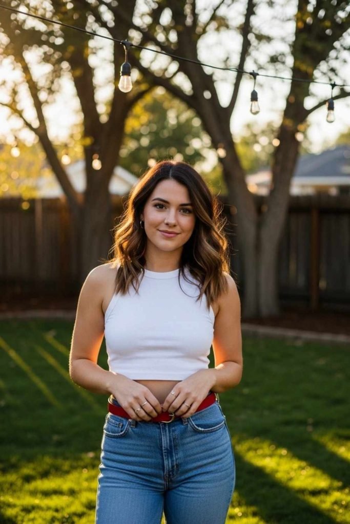 White Crop Top + Blue Jeans + Red Belt