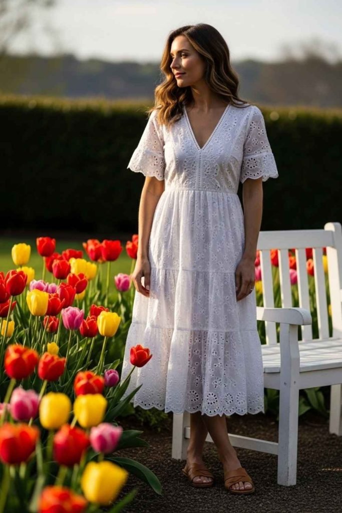  White Eyelet Dress with Tan Sandals