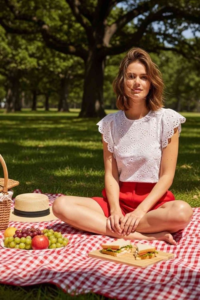 White Eyelet Top + Red Shorts