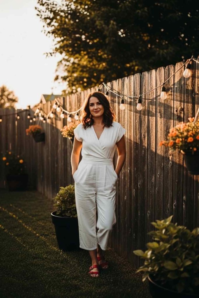 White Jumpsuit + Red Sandals