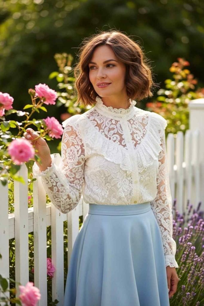 White Lace Blouse with A-Line Skirt