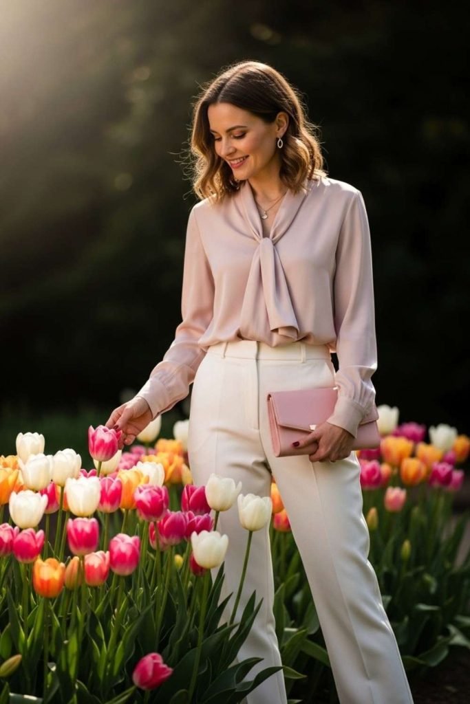 White Trousers with a Blush Blouse