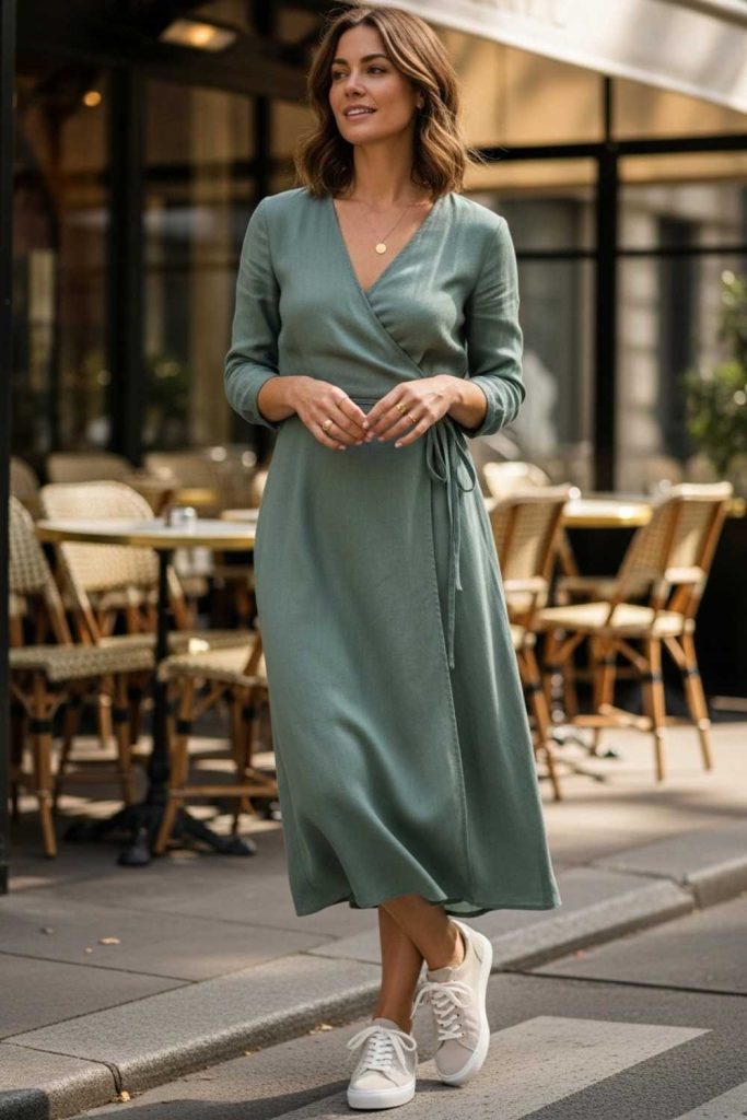 Wrap Dress with Neutral Sneakers