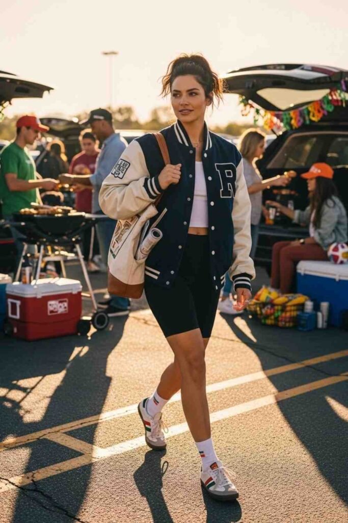 Biker Shorts and Varsity Jacket