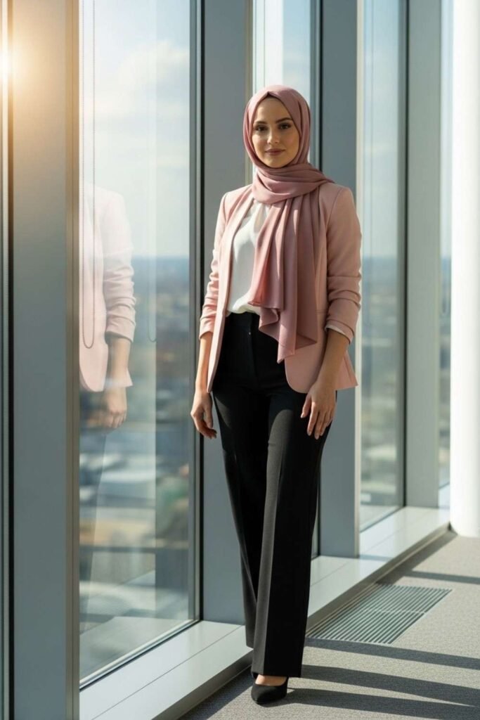 Blush Pink Blazer With Straight Black Pants