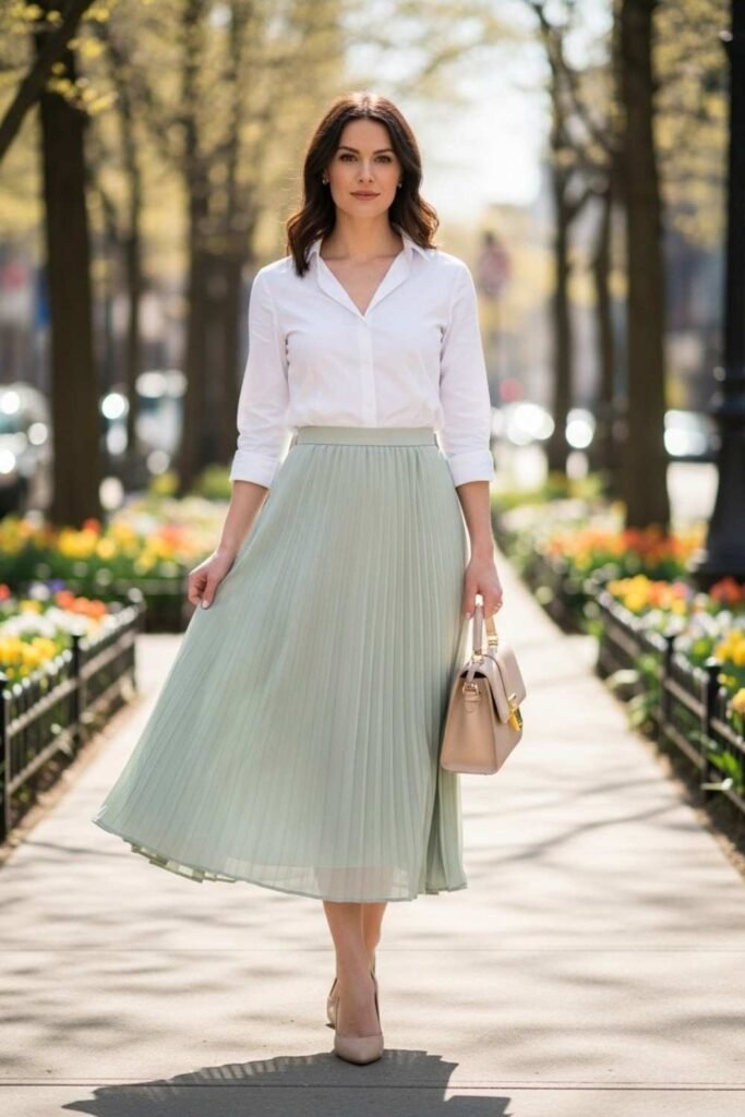 Button-Up Shirt With Pleated Midi Skirt