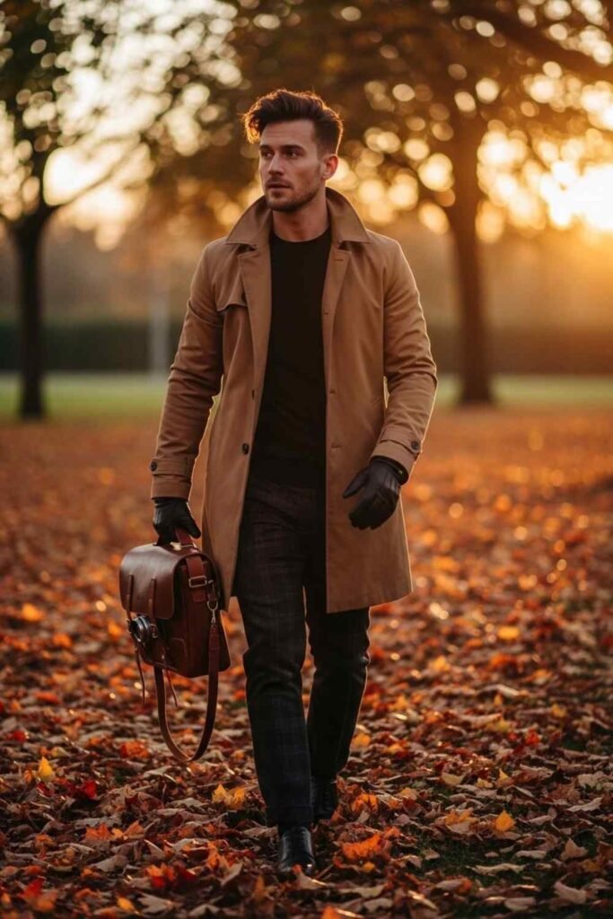 Camel Trench with Dark Plaid Trousers