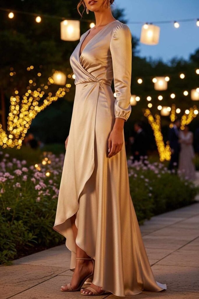 Champagne Satin Wrap Dress
