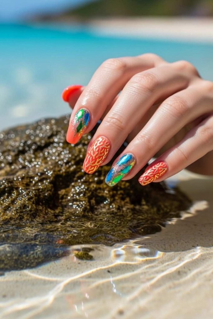 Coral Reef Glitter Nails