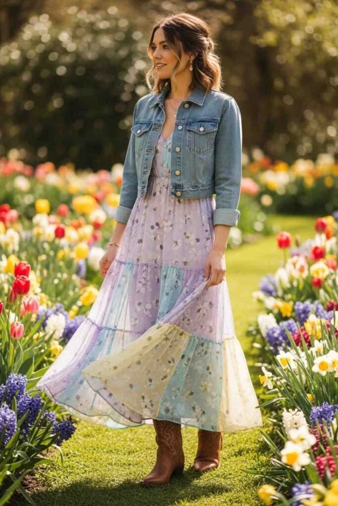  Cropped Denim Jacket with Maxi Dress