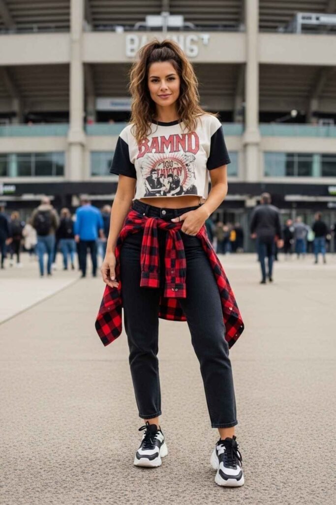 Cropped Tee with Plaid Layer