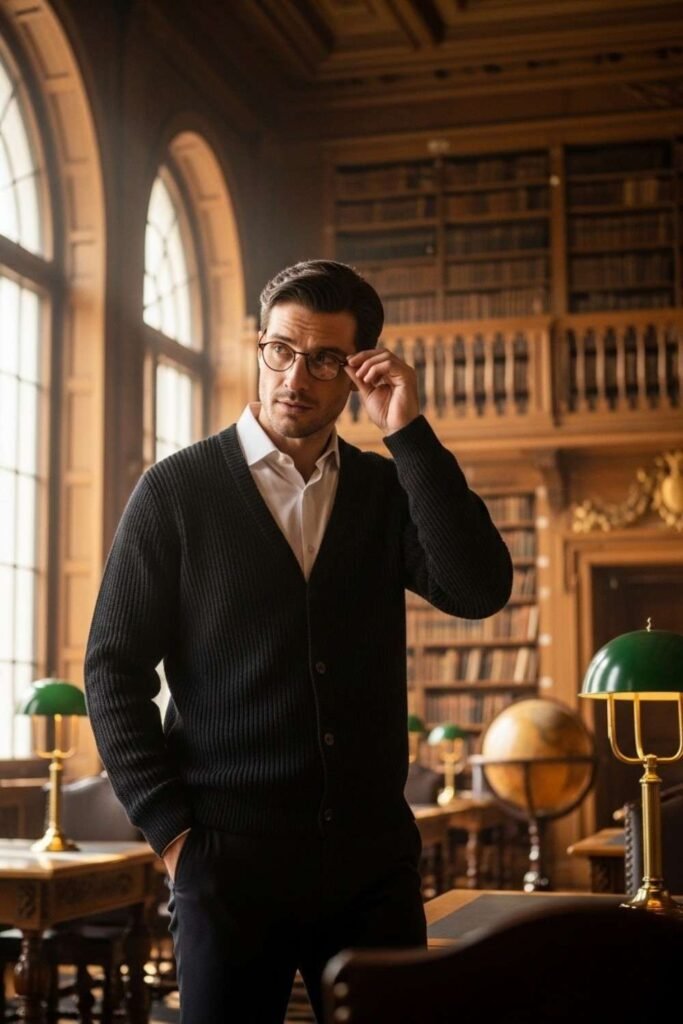 Dark Cardigan with Classic White Shirt