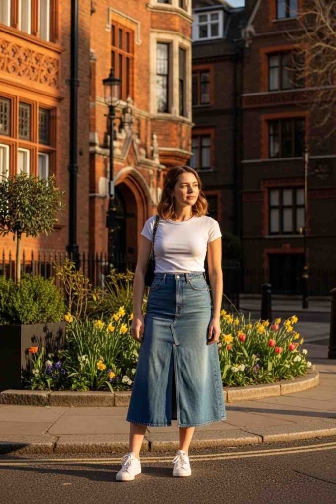 Denim Midi Skirt with Simple Tee