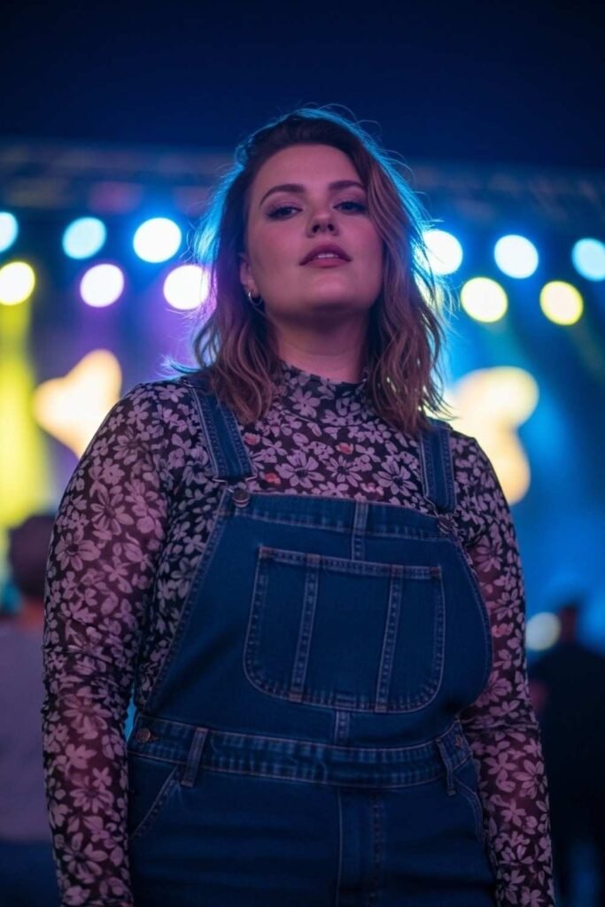 Denim Overall Dress with Mesh Top