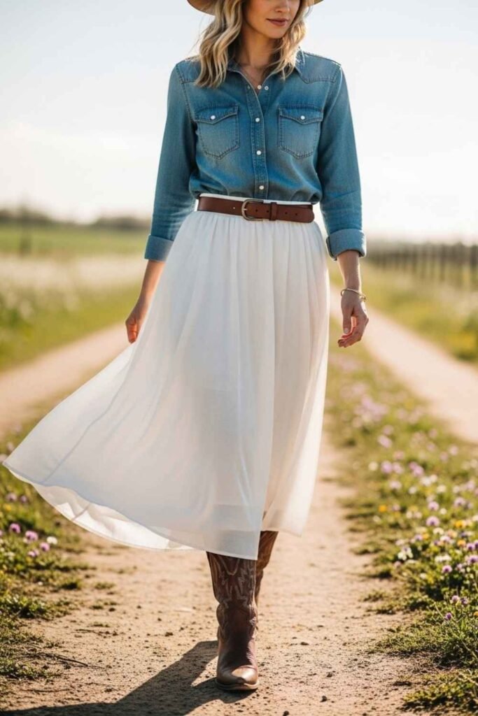 Denim Shirt with White Midi Skirt