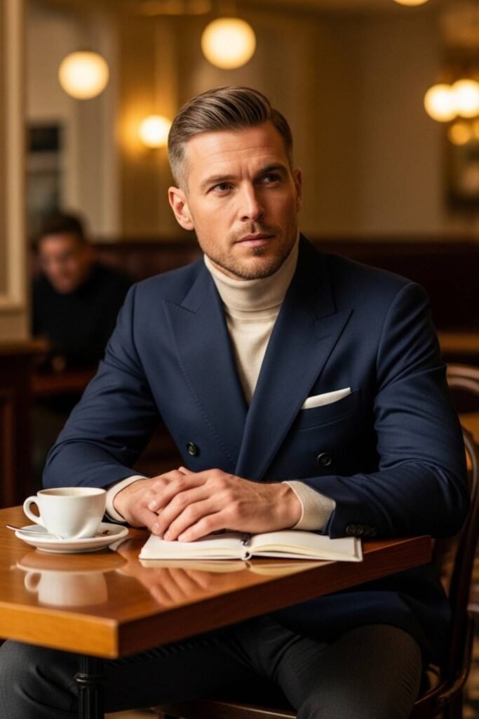 Double-Breasted Blazer with Cream Turtleneck