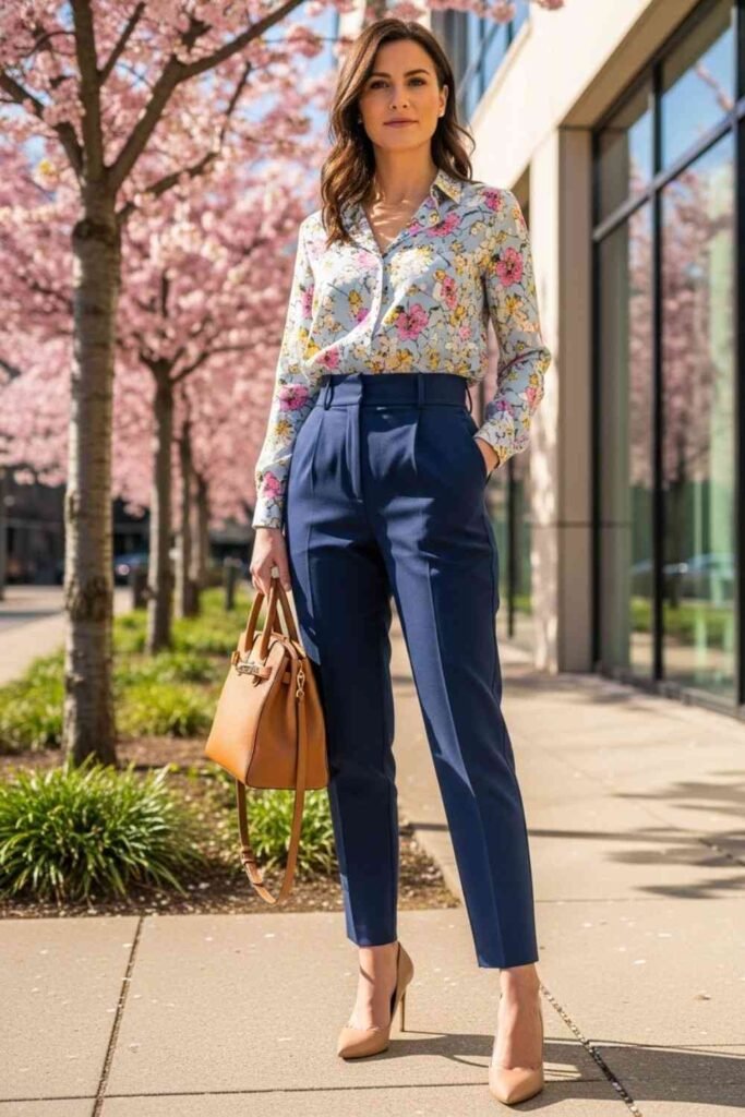 Floral Blouse With Tailored Pants