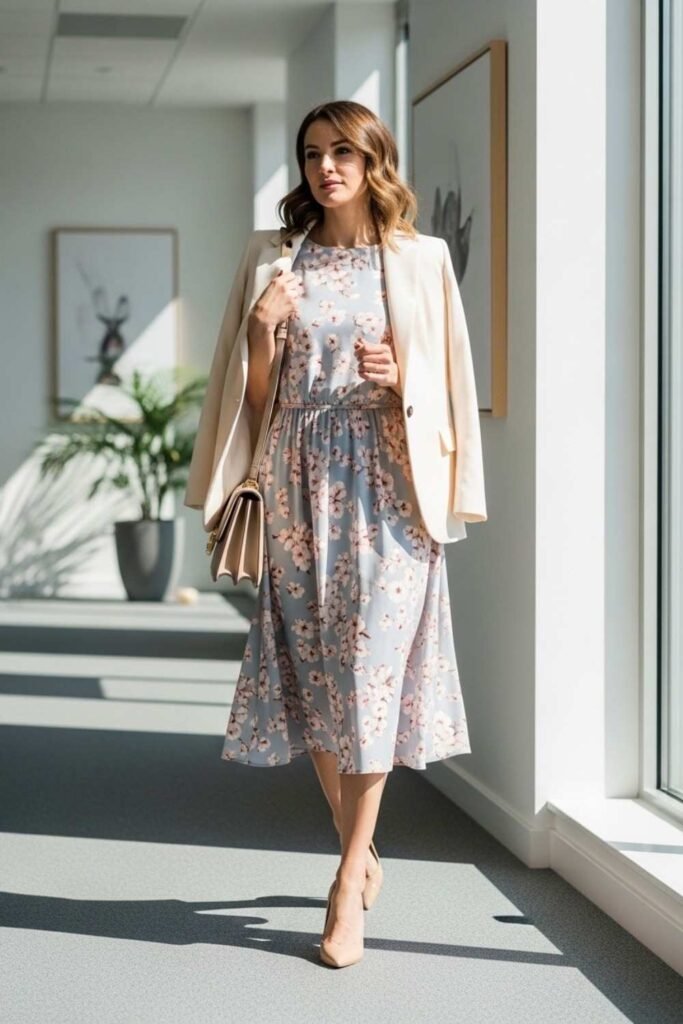 Floral Midi Dress With Tailored Blazer