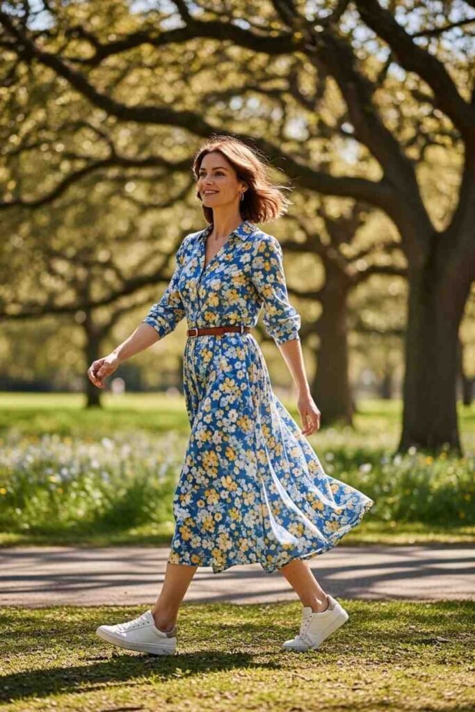 Floral Midi Dress with Sneakers