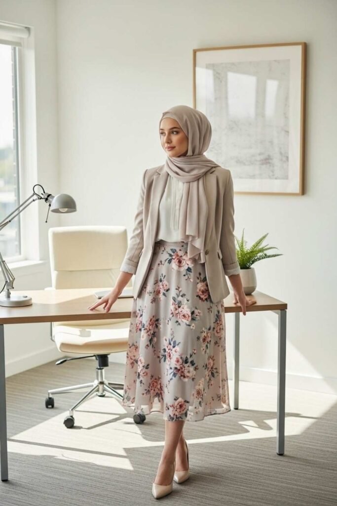 Floral Midi Skirt With Structured Blazer