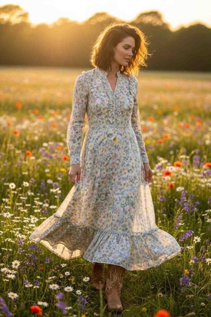 Floral Prairie Dress with Cowboy Boots