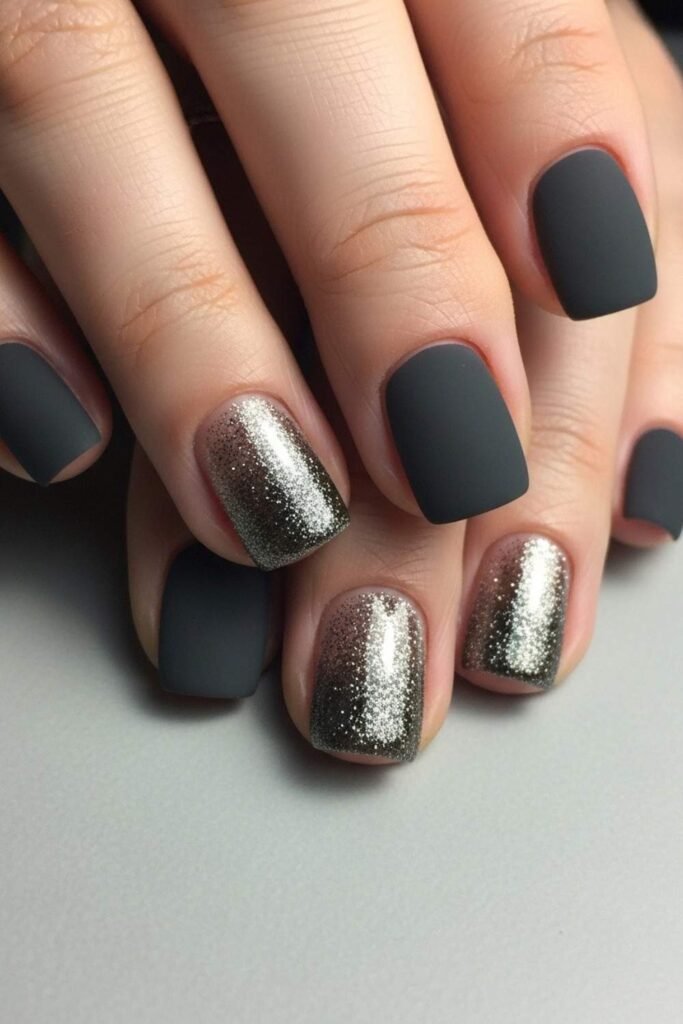 Glitter Accent on Charcoal Nails