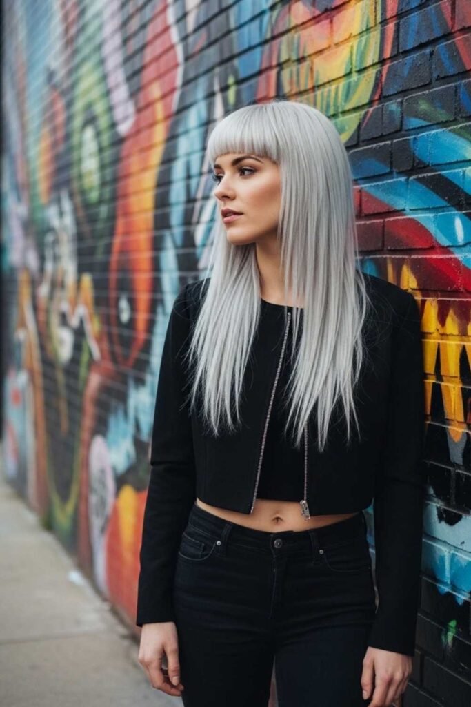 Icy Silver Blunt Mullet