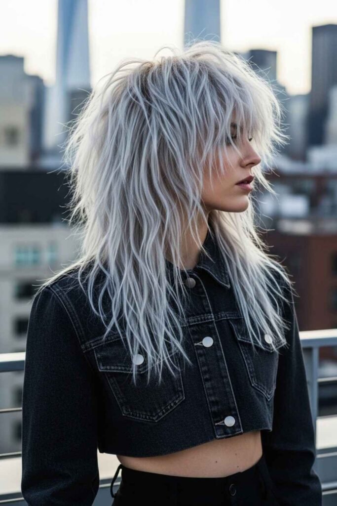  Icy Silver Tousled Shag Mullet