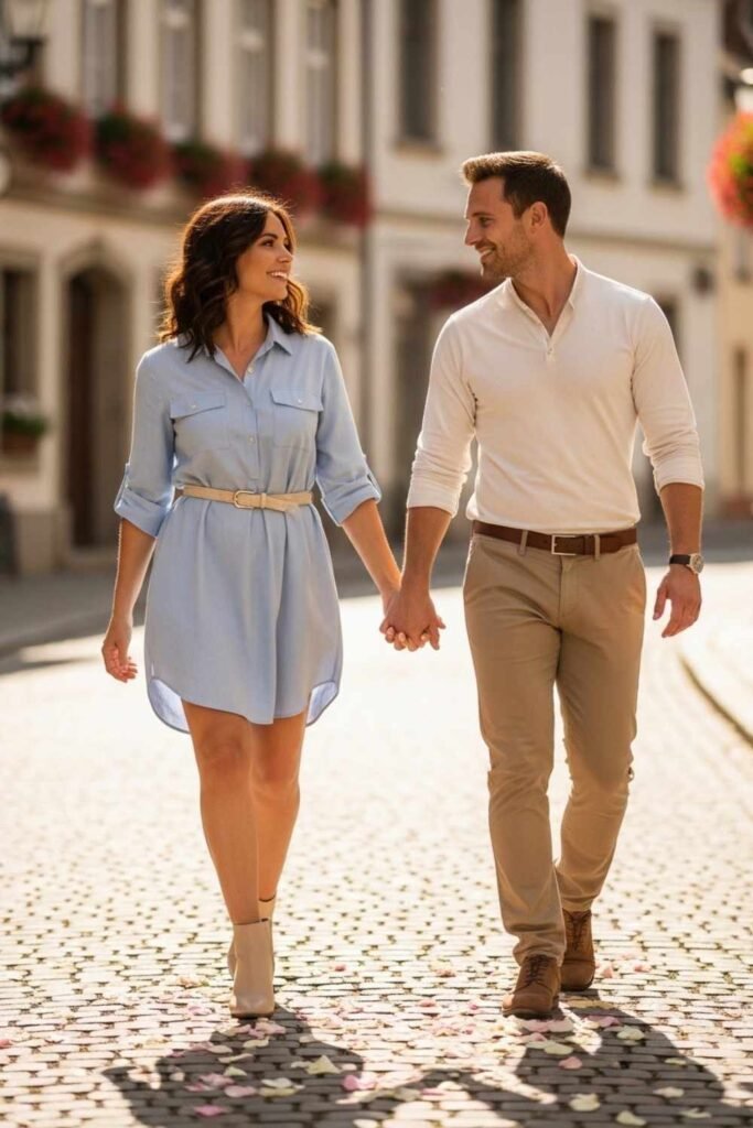 Light Blue Shirt Dress & Beige Accessories