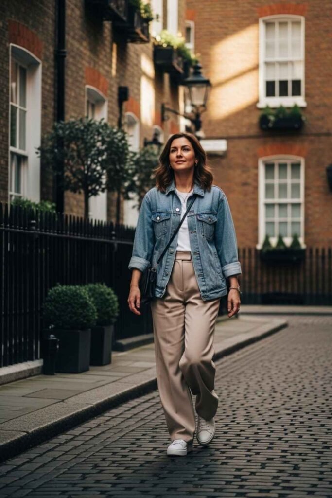 Light Denim Jacket with Wide-Leg Trousers