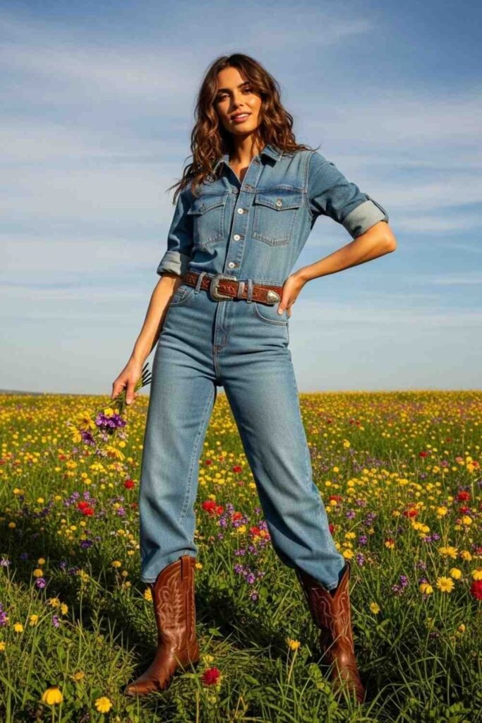 Light Denim Jumpsuit with Western Belt