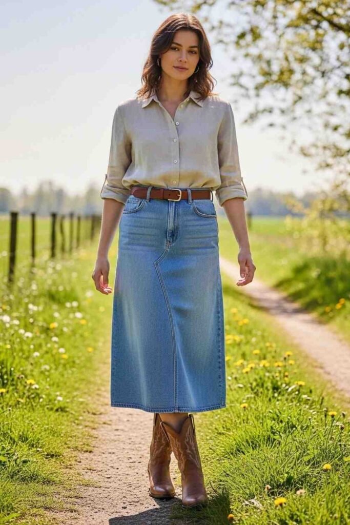 Linen Button Shirt with Denim Skirt