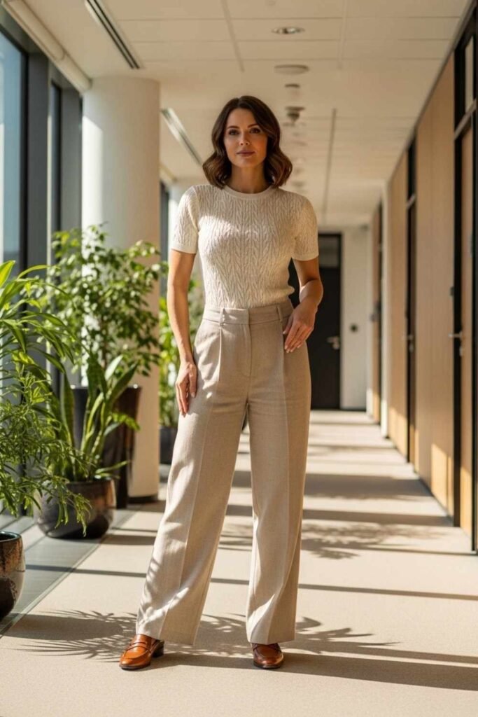 Linen Trousers With Fitted Knit Top