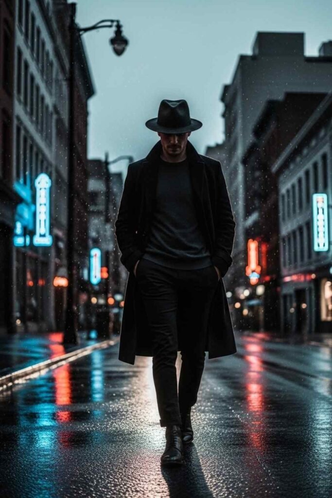 Long Black Overcoat with Dark Layers