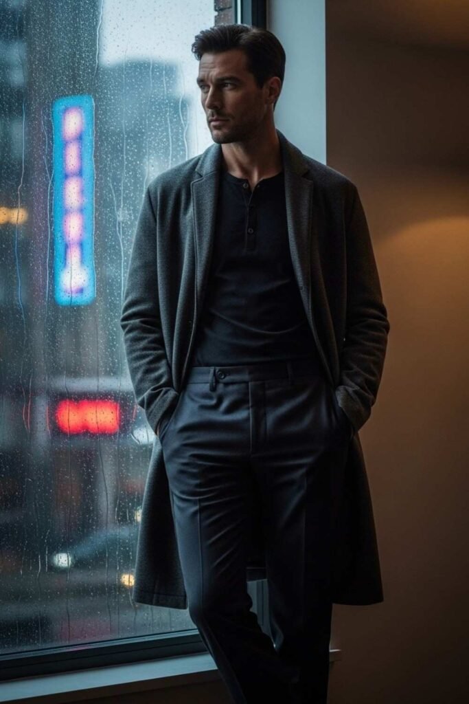 Long Cardigan Coat with Henley Shirt