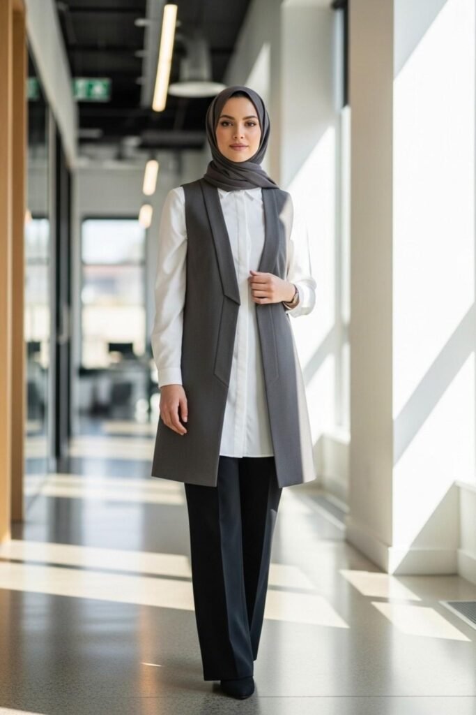 Longline Vest Over Classic White Shirt