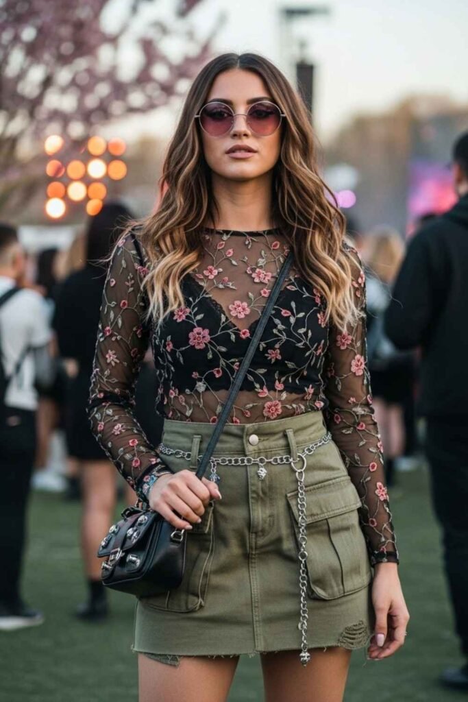 Mesh Top with Bralette and Cargo Skirt