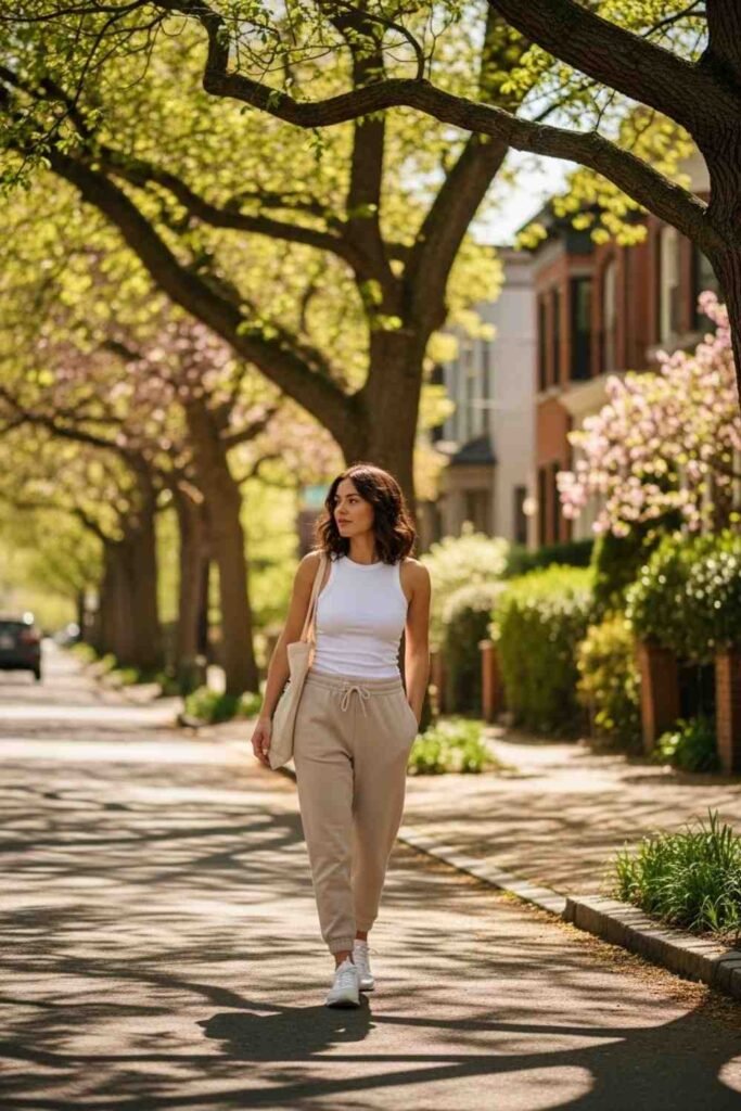  Neutral Joggers with Ribbed Tank and Clean Sneakers