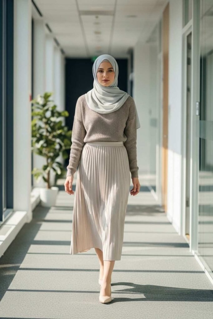 Neutral Knit Top With Pleated Midi Skirt