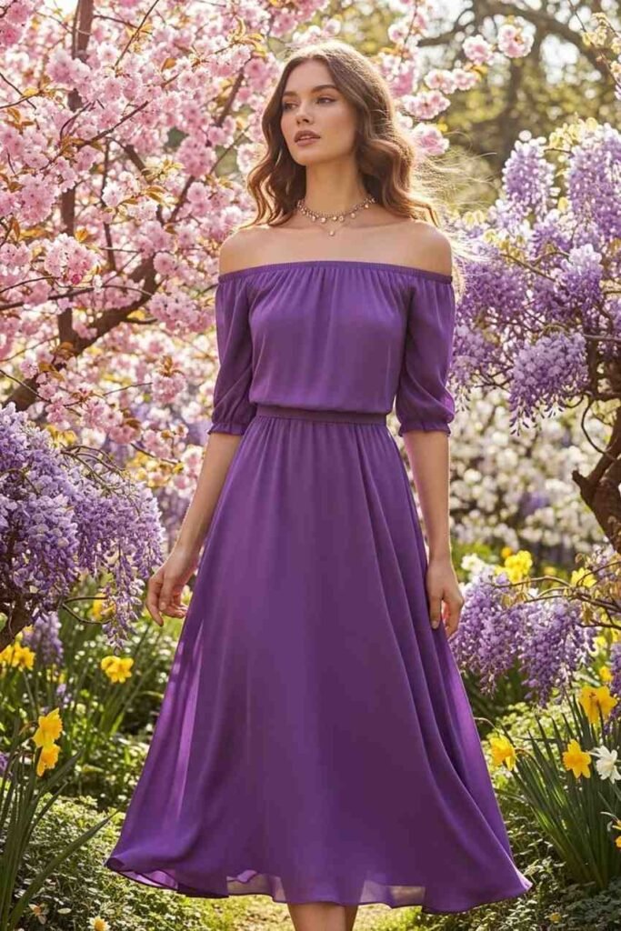 Off-Shoulder Purple Midi Dress