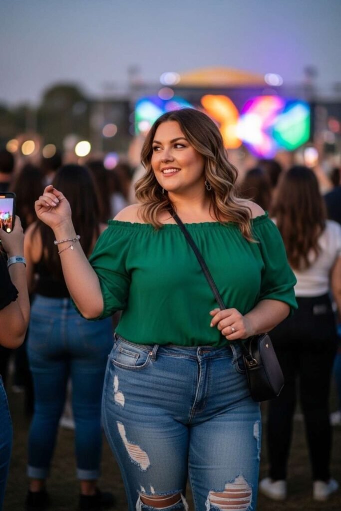 Off-Shoulder Top with Distressed Jeans