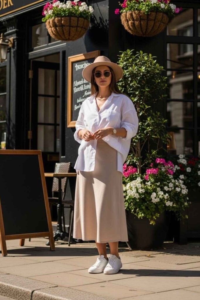  Oversized Shirt with Straight Midi Skirt